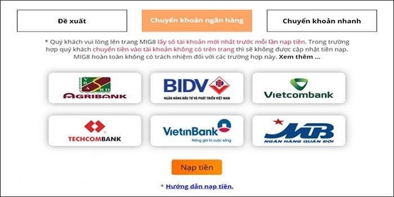 Cách nạp tiền 33WIN dễ dàng nhất chính là chuyển khoản ngân hàng 